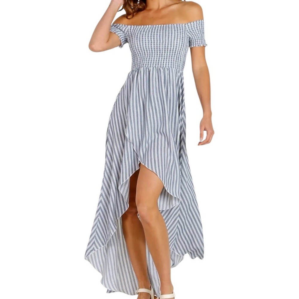 Show Me Your Mumu Willa Smocked Hi Low Maxi Dress Size Large Blue‎ White Striped